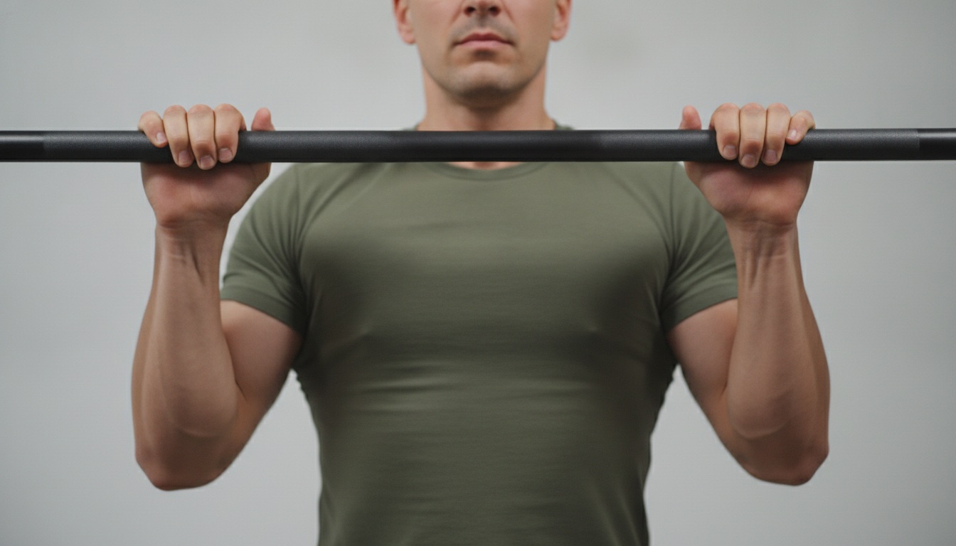 Pormenor da pega de uma chin-up: pega supinada, com as palmas viradas para o observador e as pontas dos dedos a envolver a barra
