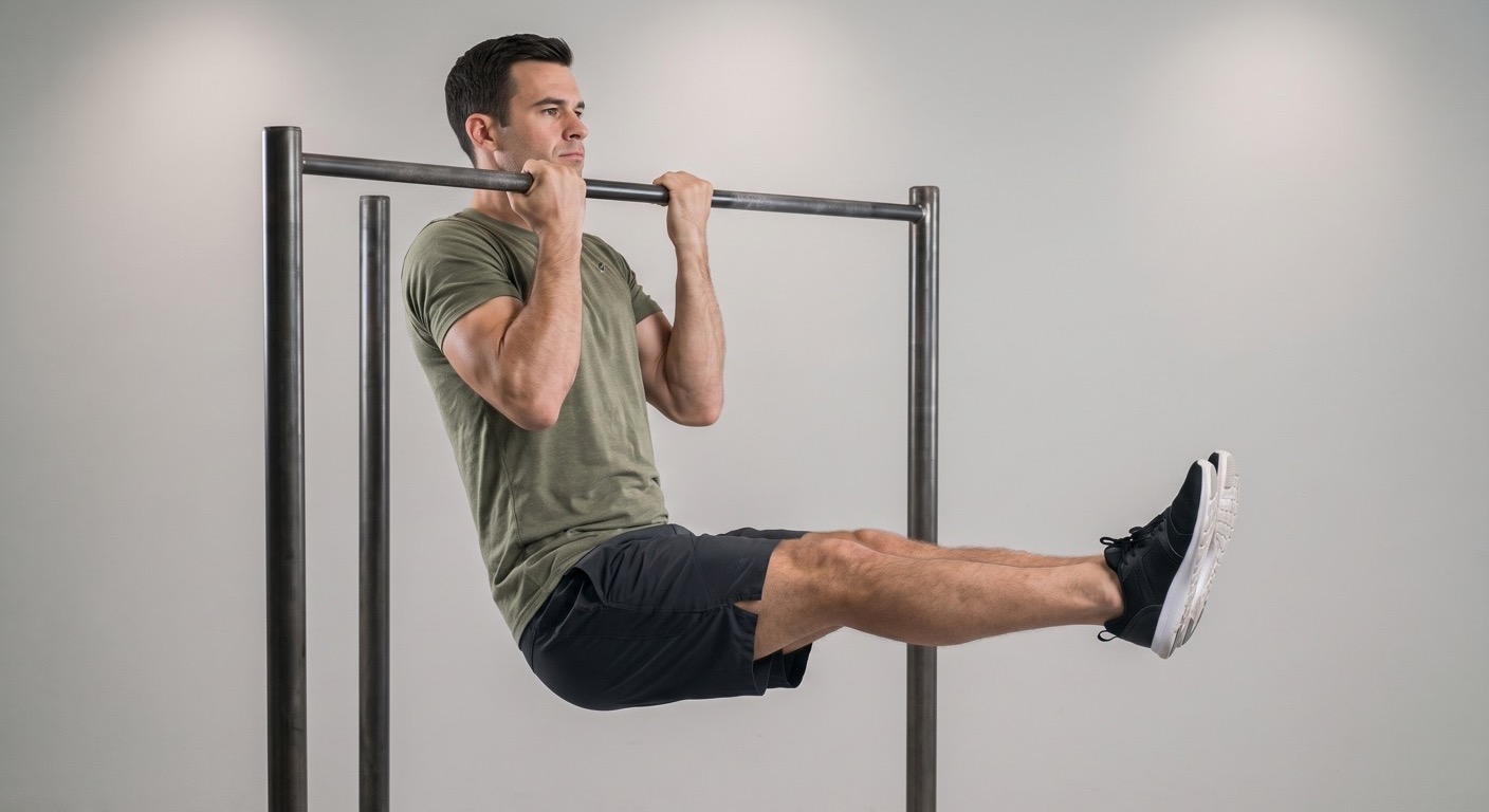 Atleta a executar uma elevação em L-sit com as pernas esticadas na horizontal